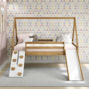Casita House Play Bed - Twin. The natural pine frame and white accents features a rope and rock-climbing ladder with a mini slide that make getting in and out of bed oh so fun! 