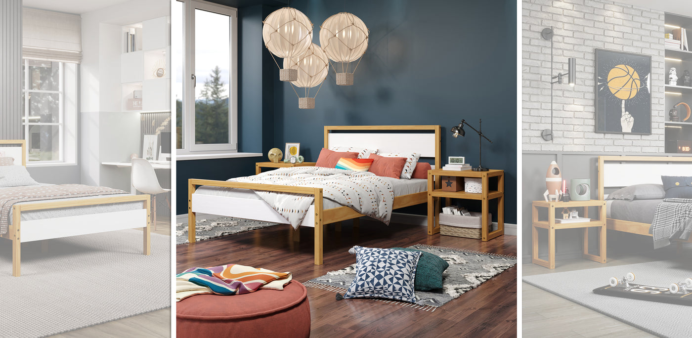 P'kolino Quadra Full Bed - White and Natural - Style Meets Affordability: Upgrade Your Space with a Two-Tone All Wood Full Bed