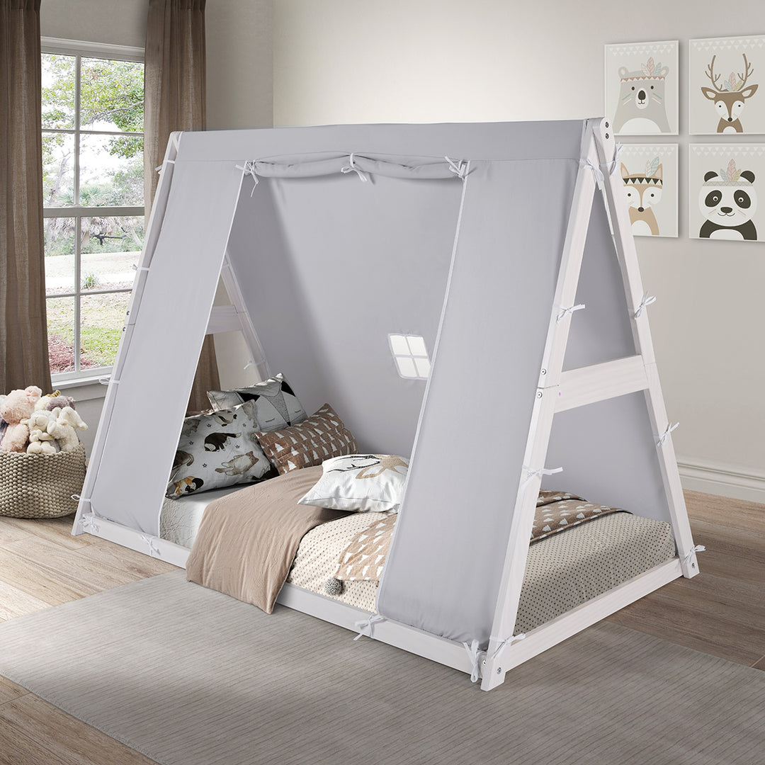 king size tent bed Kid's Tent Twin Floor Bed – Grey Tent with White Frame – P'kolino