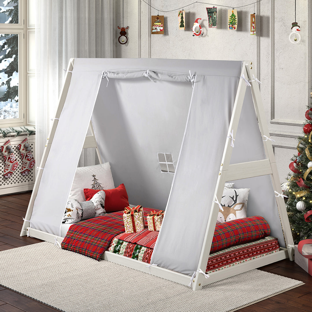 tent bed dementie Kid's Tent Twin Floor Bed – Grey Tent with White Frame – P'kolino