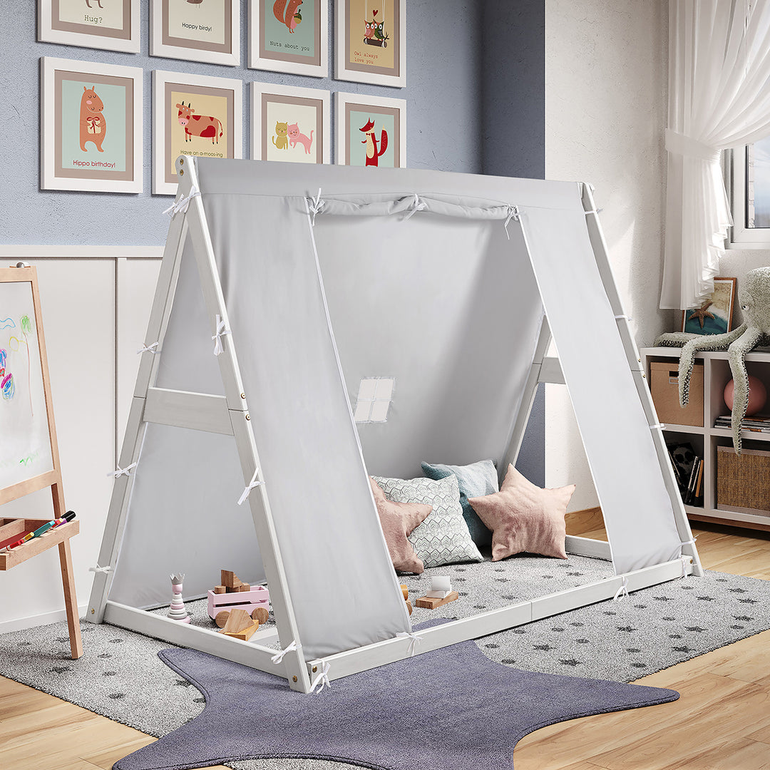 beds with tents Kid's Tent Twin Floor Bed – Grey Tent with White Frame – P'kolino