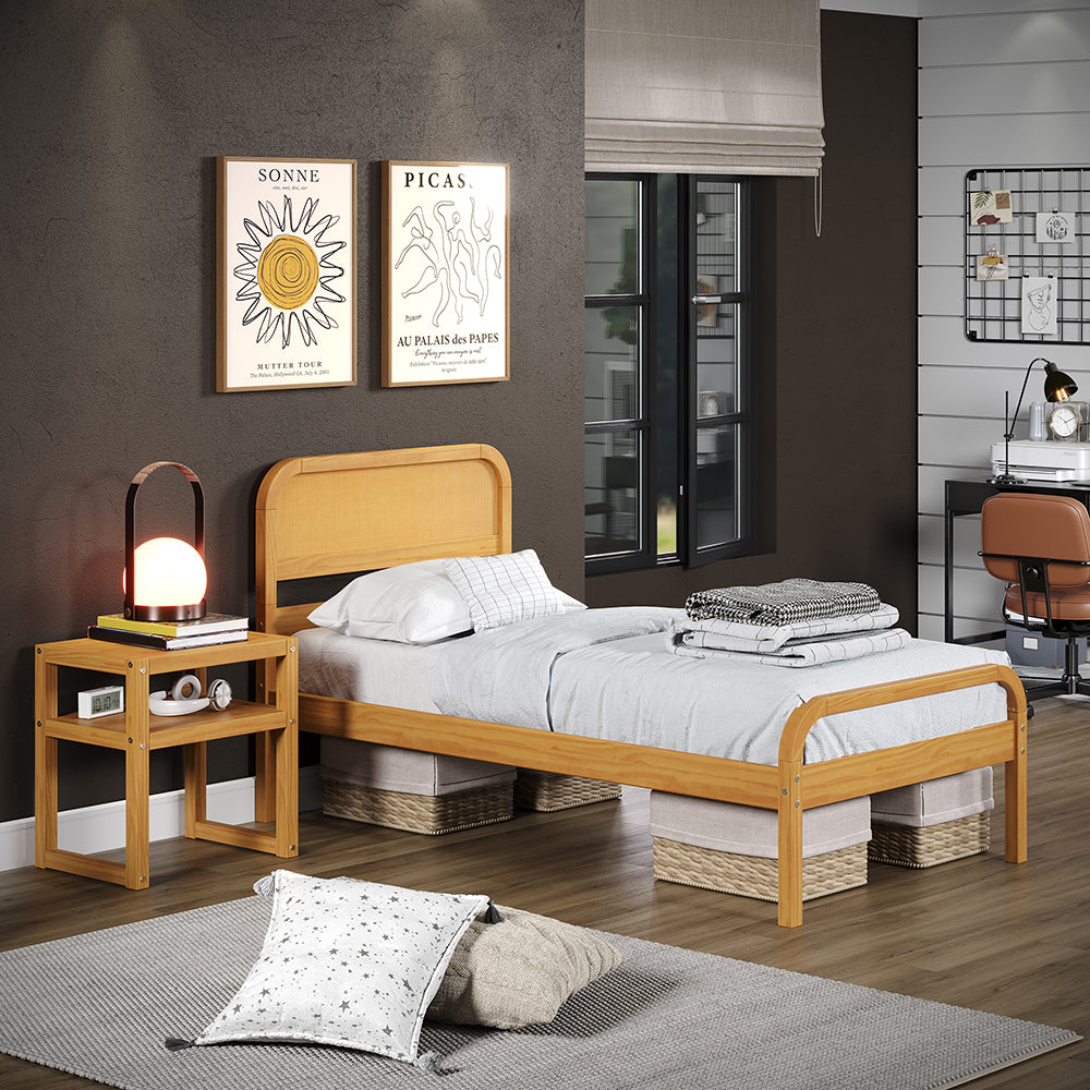 Curva Rattan Solid Wood Twin Bed - Solid Pine Wood - Eco Friendly - Modern Design - PKFFCUVTB