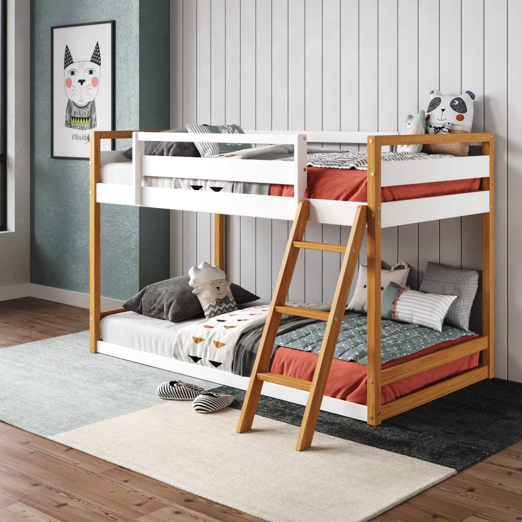 P'kolino Quadra Bunk Bed - White and Natural - Chic and Affordable: Transform Your Space with a Two-Tone All Wood Bunk Bed Introducing our Quadra Solid Wood Twin Bunk Bed for Kids – a perfect combination of functionality, durability, and contemporary style. Crafted with care from natural pine wood, this bunk bed showcases the beauty of solid wood and is designed to stand the test of time.