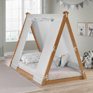 Kid's Tent Twin Floor Bed - Our Montessori inspired floor bed allows the mattress to lay directly on the floor encouraging children to go in and out of bed independently. 