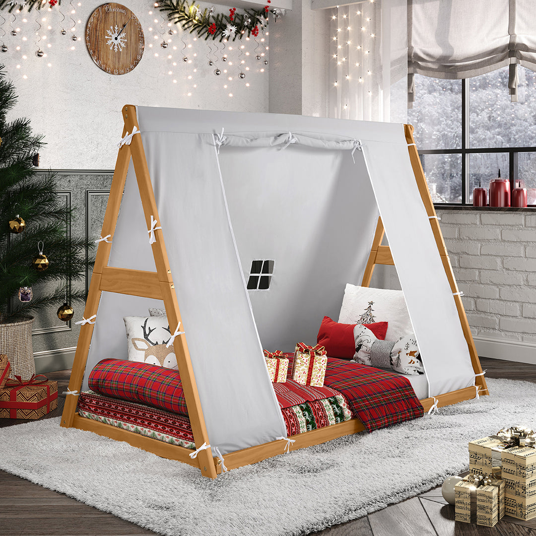 bed for tent Kid's Tent Twin Floor Bed – Grey Tent with Natural Frame – P'kolino