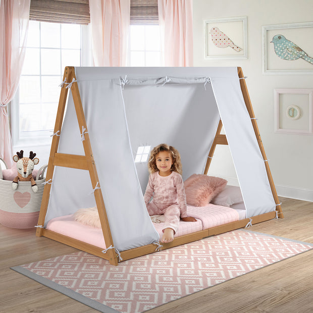 Kid's Tent Twin Floor Bed – Grey Tent with Natural Frame – P'kolino