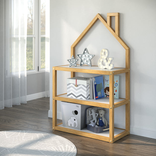 Casita Wood Bookshelf - This adorable bookshelf houses two lower shelves that are ideal for books, bins, board games or puzzle boxes. There is also a roomy, open top shelf that is perfect for taller items like lamps, plants, picture frames or a television. 