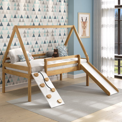 Casita House Play Bed - Twin. The natural pine frame and white accents features a rope and rock-climbing ladder with a mini slide that make getting in and out of bed oh so fun! 