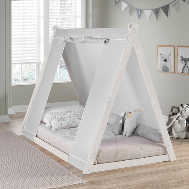 Kid's Tent Twin Floor Bed – Grey Tent with White Frame - Solid Pine Wood - Eco Friendly - Modern Design - PKFFBRTBTNWHTGY