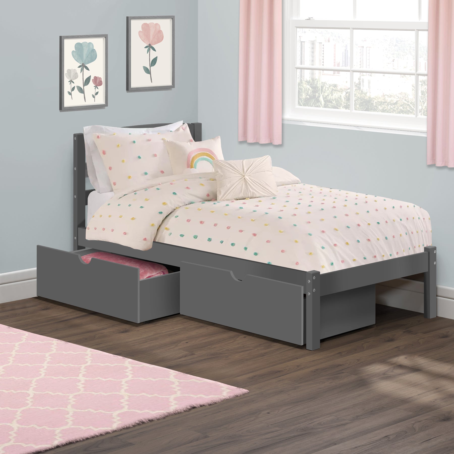 Twin Bed with Storage Drawers - Grey